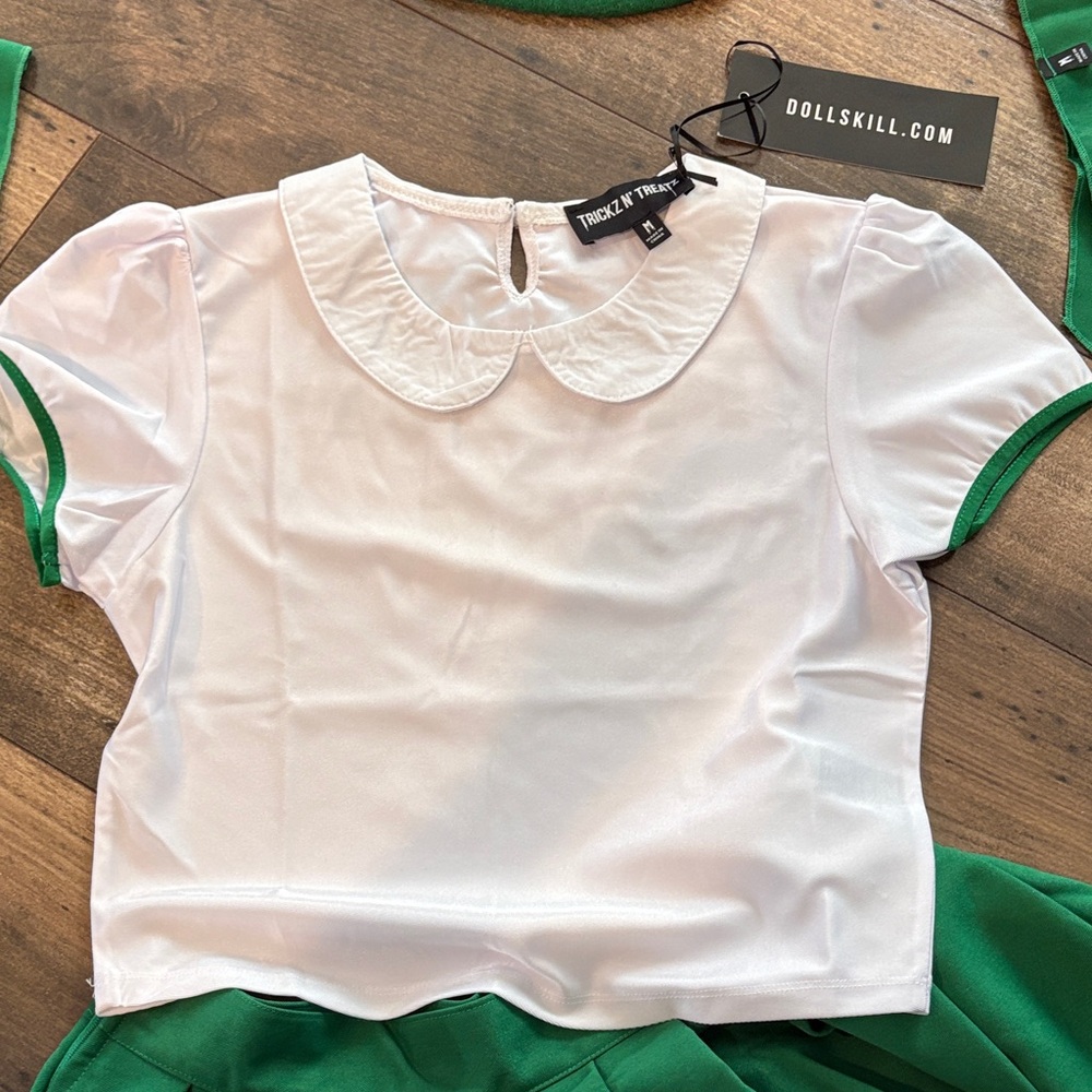 Dolls Kill Green Pleated Mini Skirt Set with White 'TROOP 666' Top - Picture 9 of 9